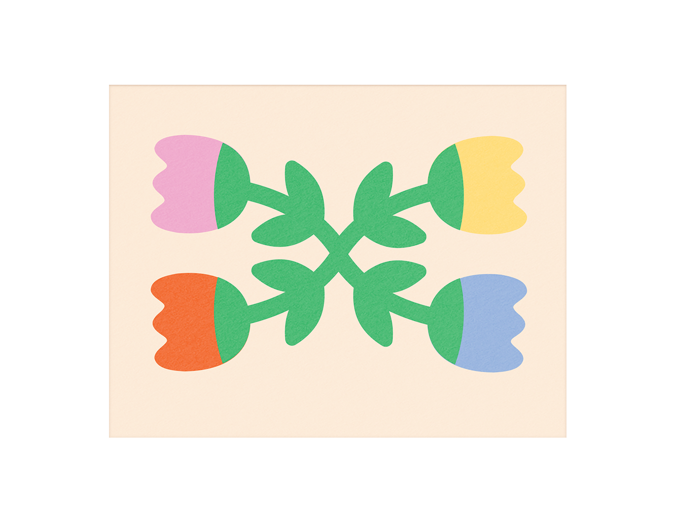 Four tulip flowers in pink, yellow, orange, and blue, with green leaves on a light-colored background.