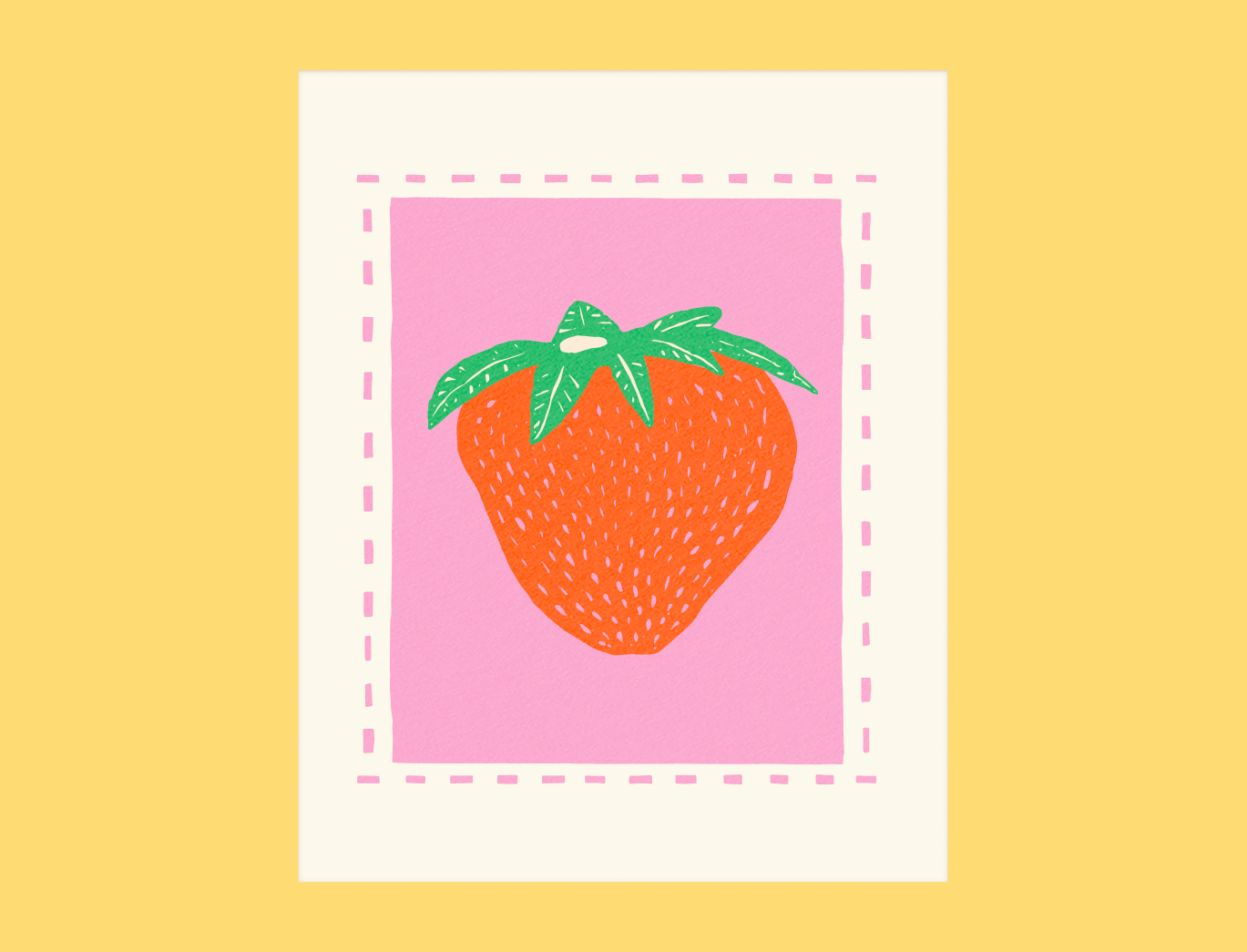 A colorful illustration of a strawberry with green leaves on a pink background with a decorative dashed border.