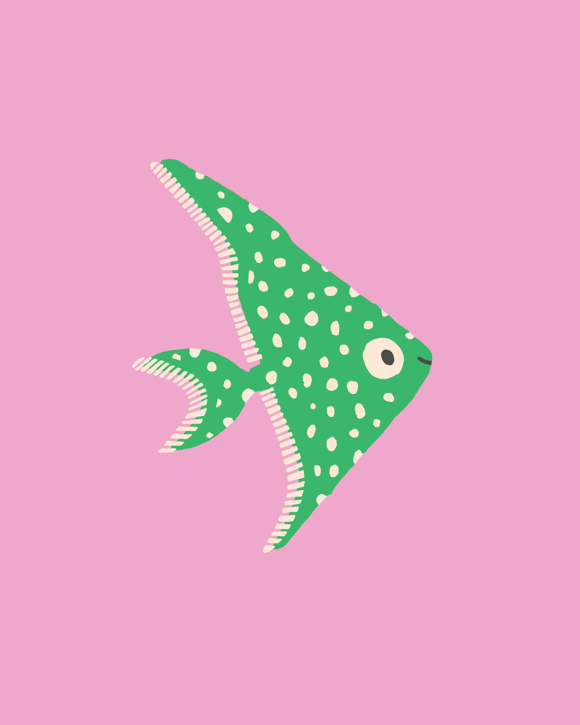 Illustration of a green fish with white spots on a pink background.