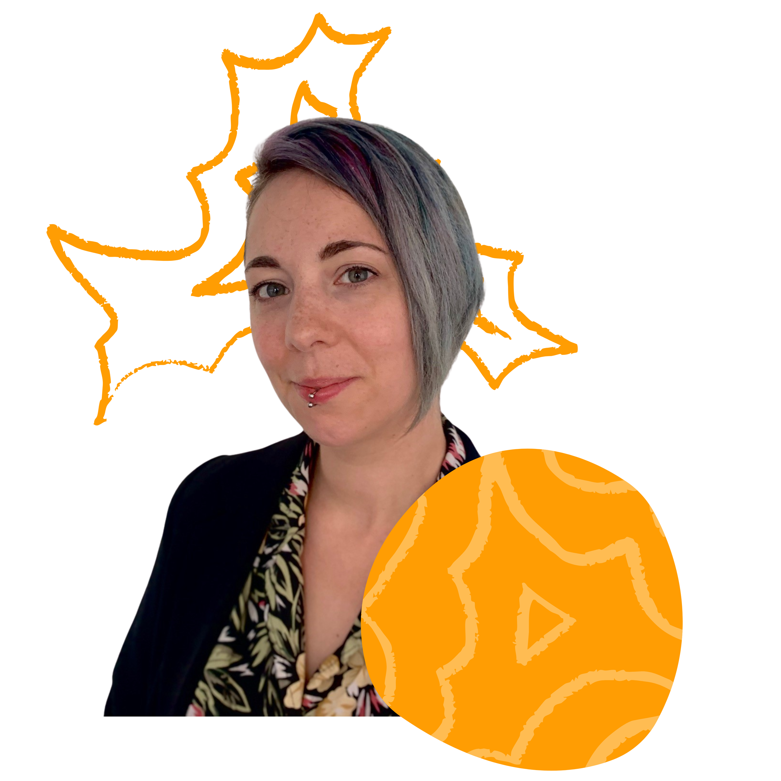 A woman with short dark hair and freckles, wearing a black jacket and floral shirt, standing in front of orange outlined leaf shapes on a white background.