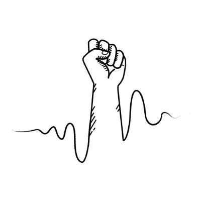 A drawing of a raised fist emerging from a line that resembles an electrocardiogram wave.