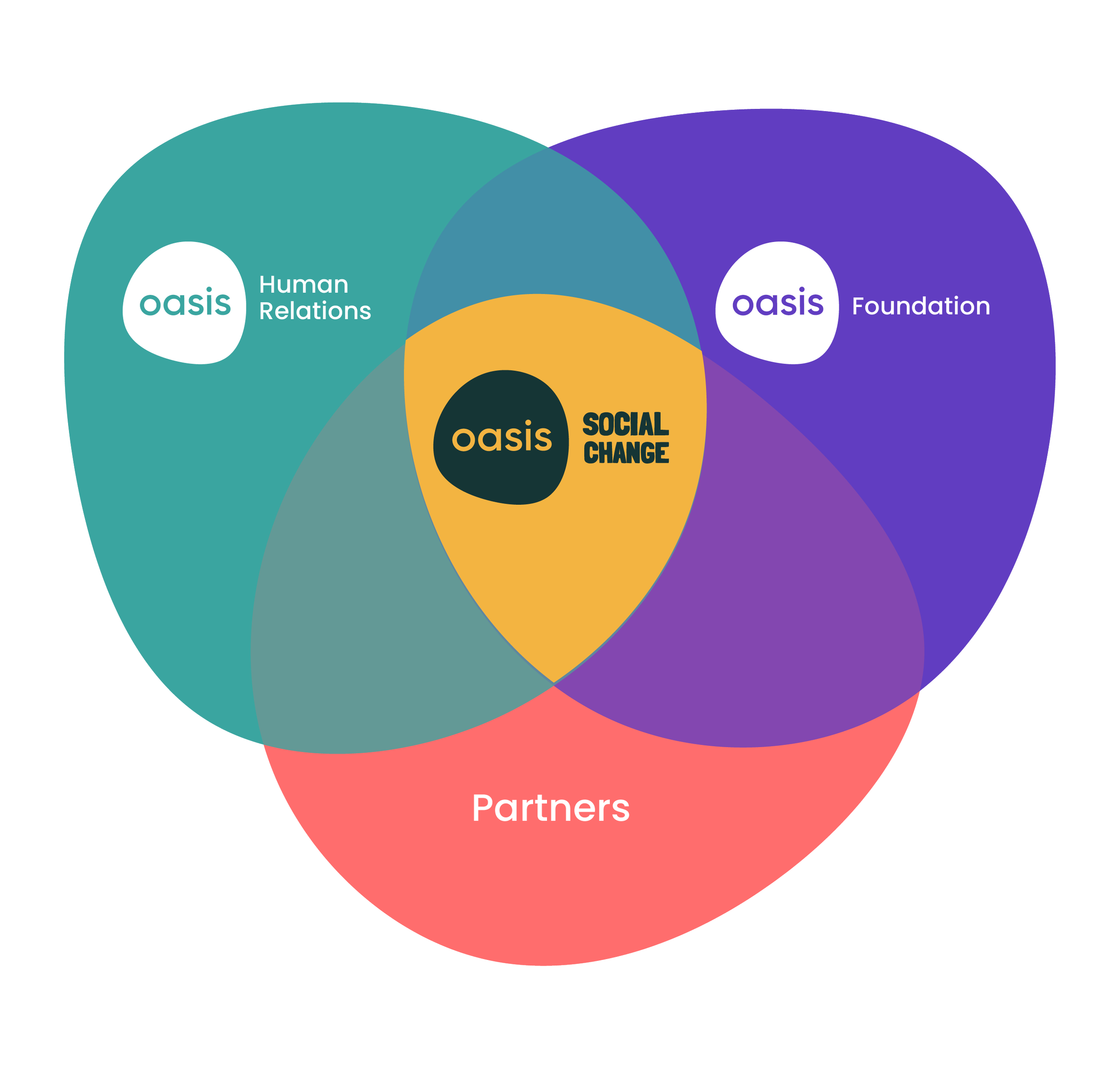 A layered diagram with overlapping circles labeled 'oasis', 'Human Relations', 'Foundation', and 'Social Change', with the word 'Partners' visible on a red section.