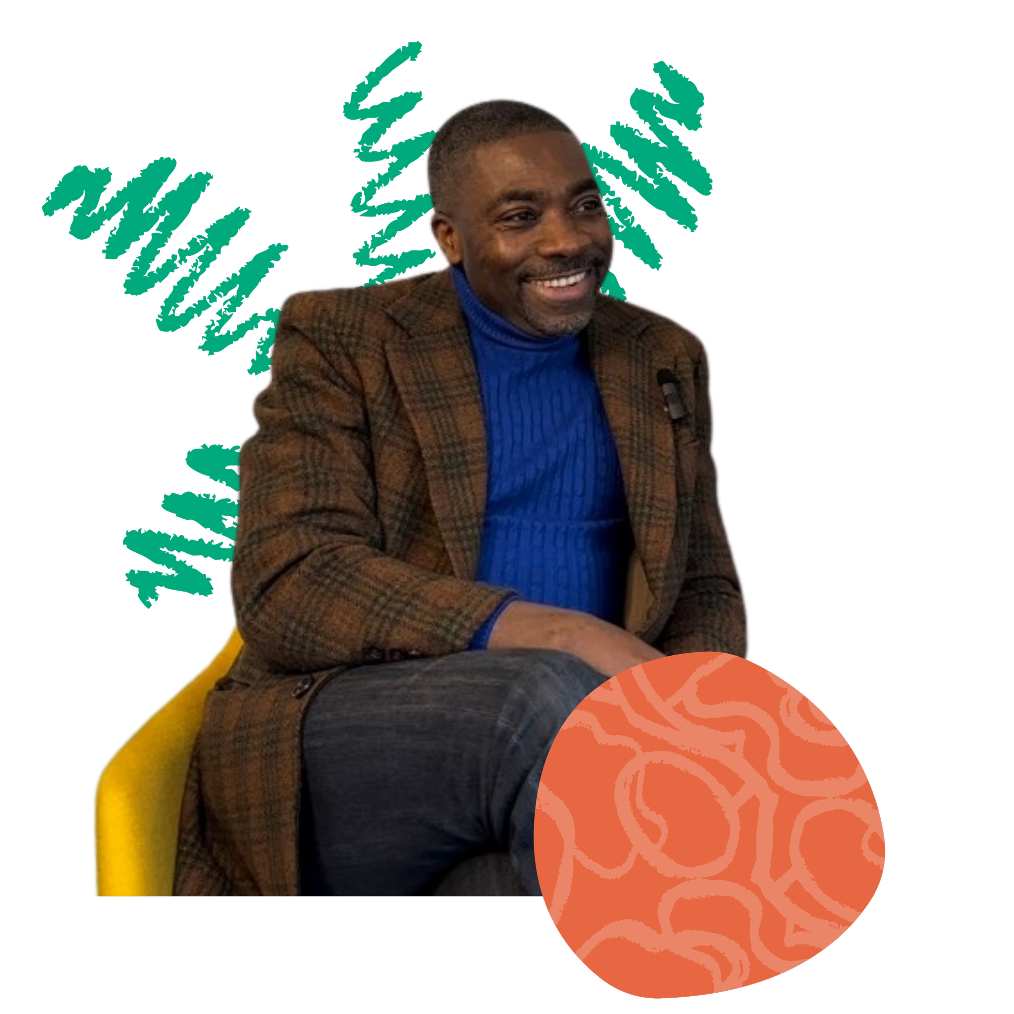 A man with dark skin, short hair, and a mustache smiles while sitting at a table. He wears a brown checkered blazer over a bright blue turtleneck. The background includes a large illustrated green leaf pattern and colorful circular shapes.