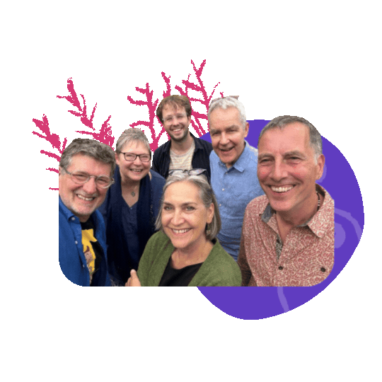 Group of six smiling people taking a selfie, with pink and purple abstract background elements.