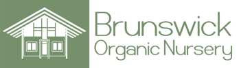 Logo of Brunswick Organic Nursery with a house outline and green text