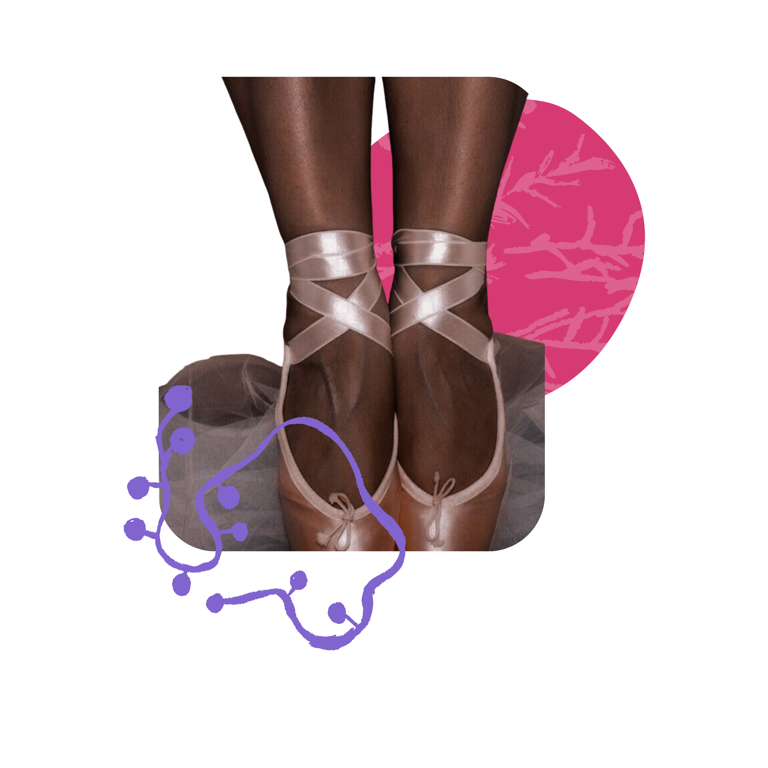 Close-up of ballet dancer's legs wearing pink pointe shoes with ribbons, standing on tiptoe.