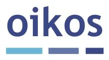 Oikos logo with blue text and underline elements.