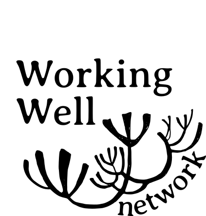 Black and white circular graphic with the words 'Working Well' and a silhouette of trees at the bottom.