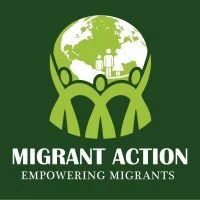 Logo of Migrant Action featuring a green globe with a cityscape and two hands holding it, with the slogan 'Empowering Migrants'.