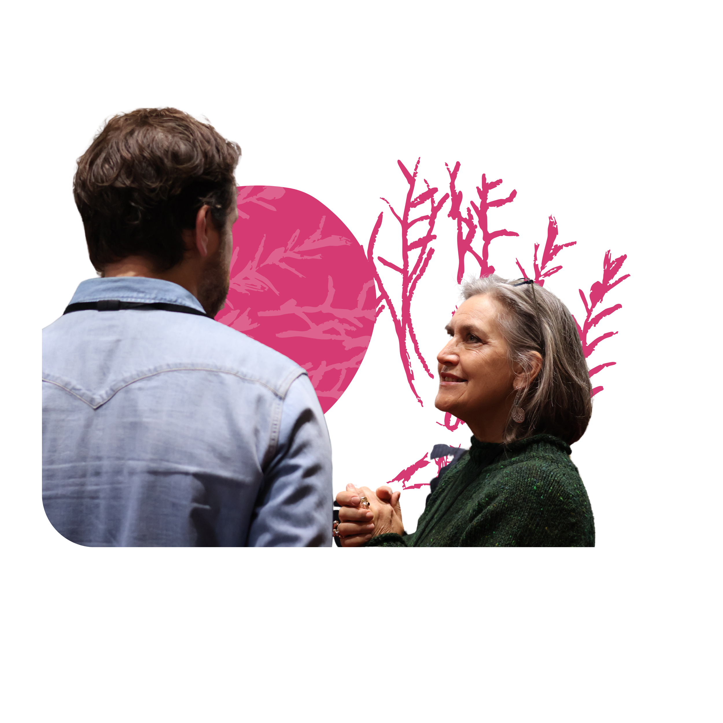 A man with brown hair and a woman with gray hair are facing each other and holding hands. There are pink leaf and branch illustrations in the background.