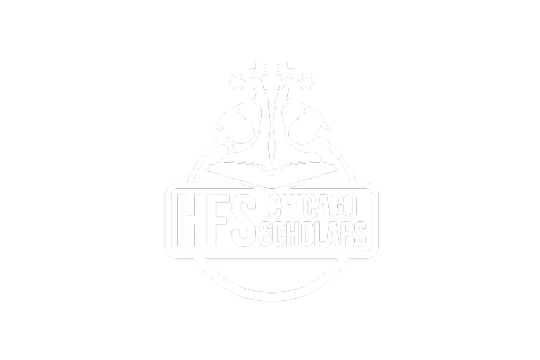 Logo for HFS Chicago Scholars featuring an open book, a graduation cap, and stars.