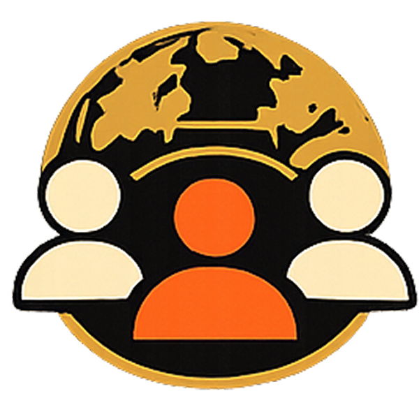 Logo featuring a stylized globe with continents, surrounded by abstract human figures in a circle, with colors black, white, orange, and beige.