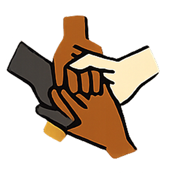 Illustration of three hands of different skin tones clasped together in a handshake.