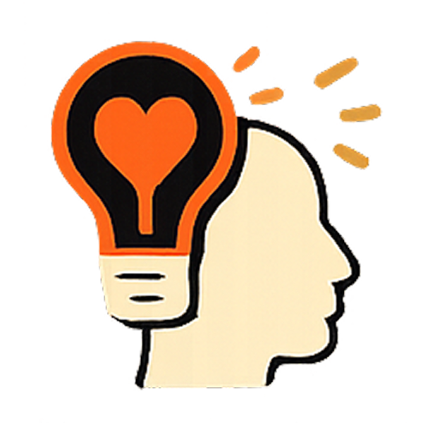 Outline of a human head with a light bulb containing a heart inside, represented in orange and black, with lines indicating illumination or ideas.