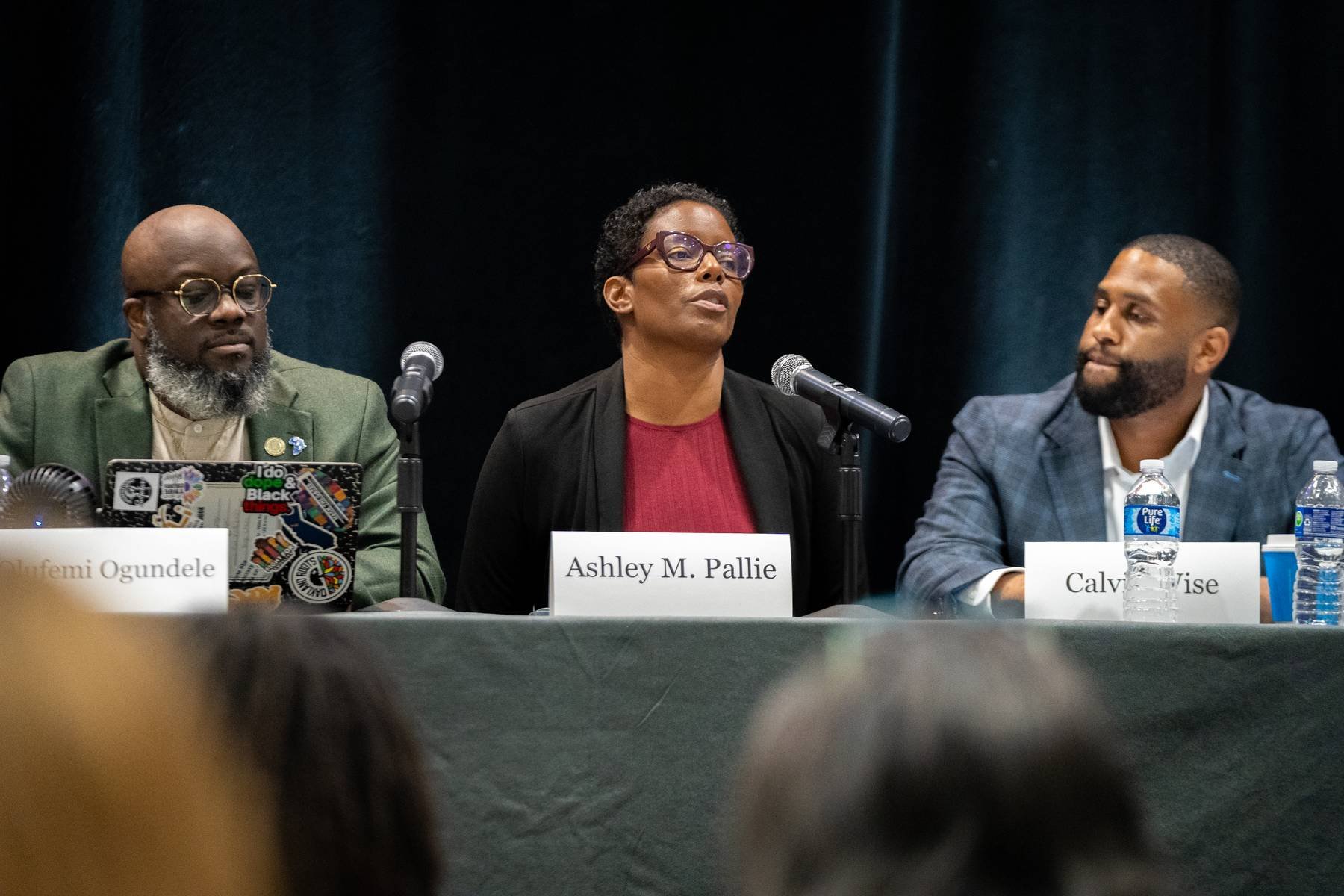 Three people seated at a panel table with microphones, including a woman in the center named Ashley M. Pallie, flanked by two men, with name tags and water bottles, at a conference or discussion event.