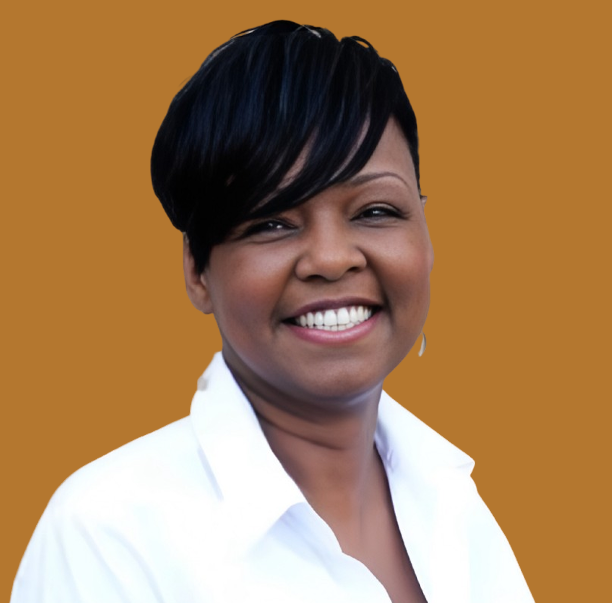A woman with short black hair smiling, wearing a white collared shirt, against a solid brown background.