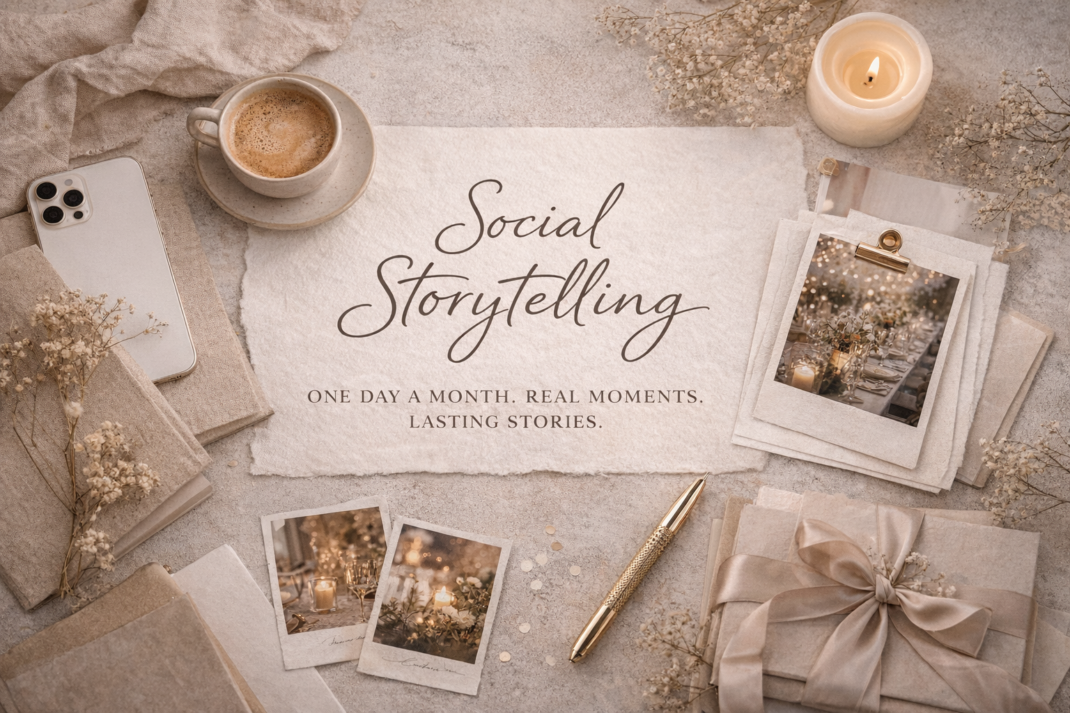 A flat lay of a creative workspace with a sign reading 'Social Storytelling,' a cup of coffee, a lit candle, a wrapped gift with a ribbon, an iPhone, a gold pen, dried flowers, and polaroid photos, arranged on textured surfaces with soft beige and cream tones.
