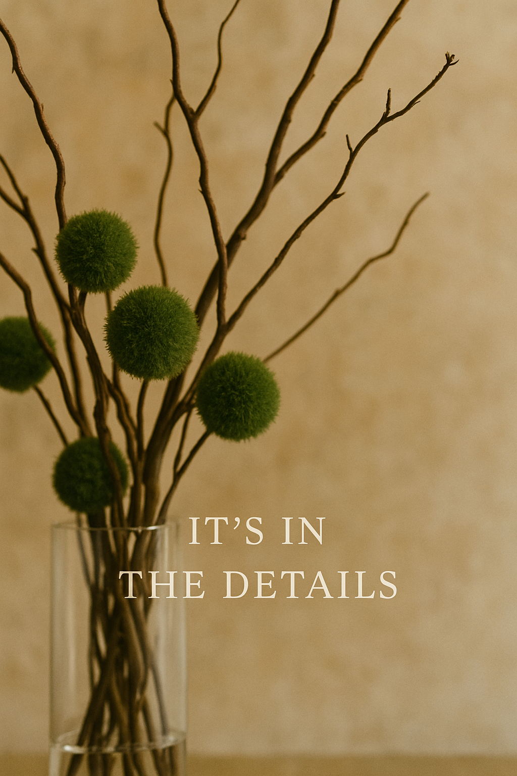 Decorative image of green spherical flowers and brown twigs in a glass vase with the caption 'It's in the details' written over it.