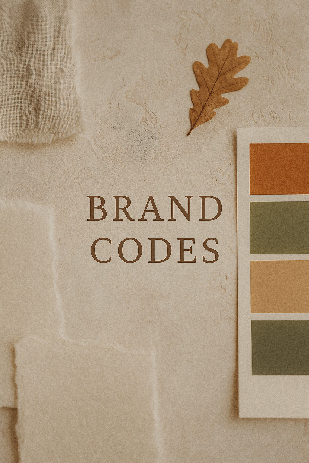 Close-up of a wall with the words 'BRAND CODES' and a color palette featuring earthy tones, a dried brown leaf, and a textured fabric sample.