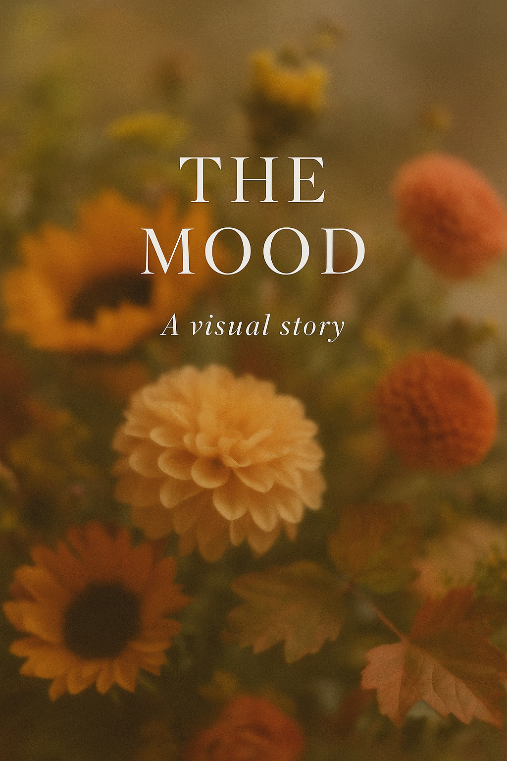 Book cover titled 'The Mood: A visual story' with a blurred background of colorful flowers including yellow, orange, and red blooms.