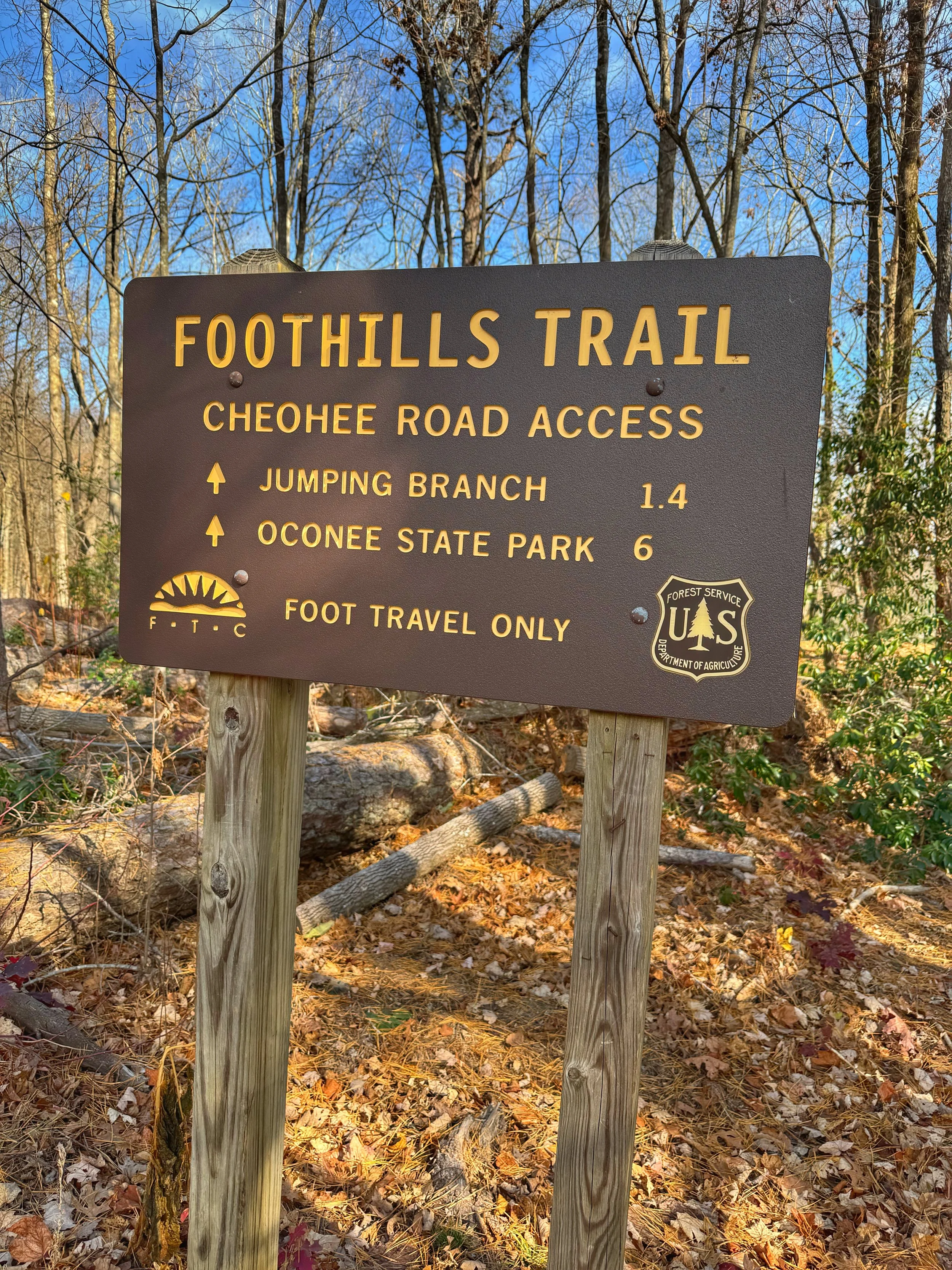 Brown trail sign with yellow lettering indicating Foothills Trail, Cheohee Road access, Jumping Branch (1.4 miles), Oconee State Park (6 miles), and foot travel only, with trees and fallen leaves in the background.
