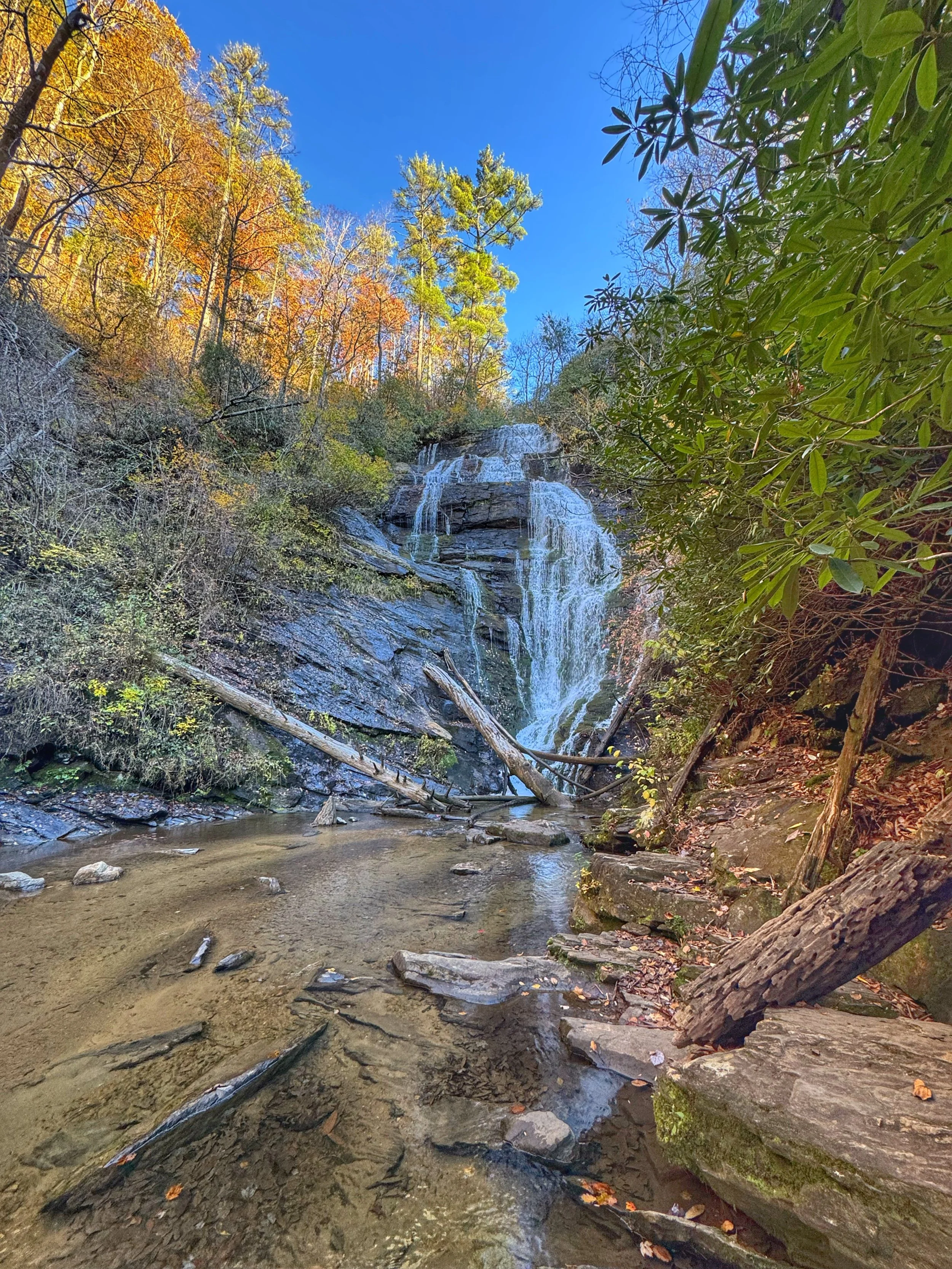 Scenic view of a waterfall cascading over rocks into a shallow creek surrounded by trees with autumn leaves and lush green foliage under a clear blue sky.