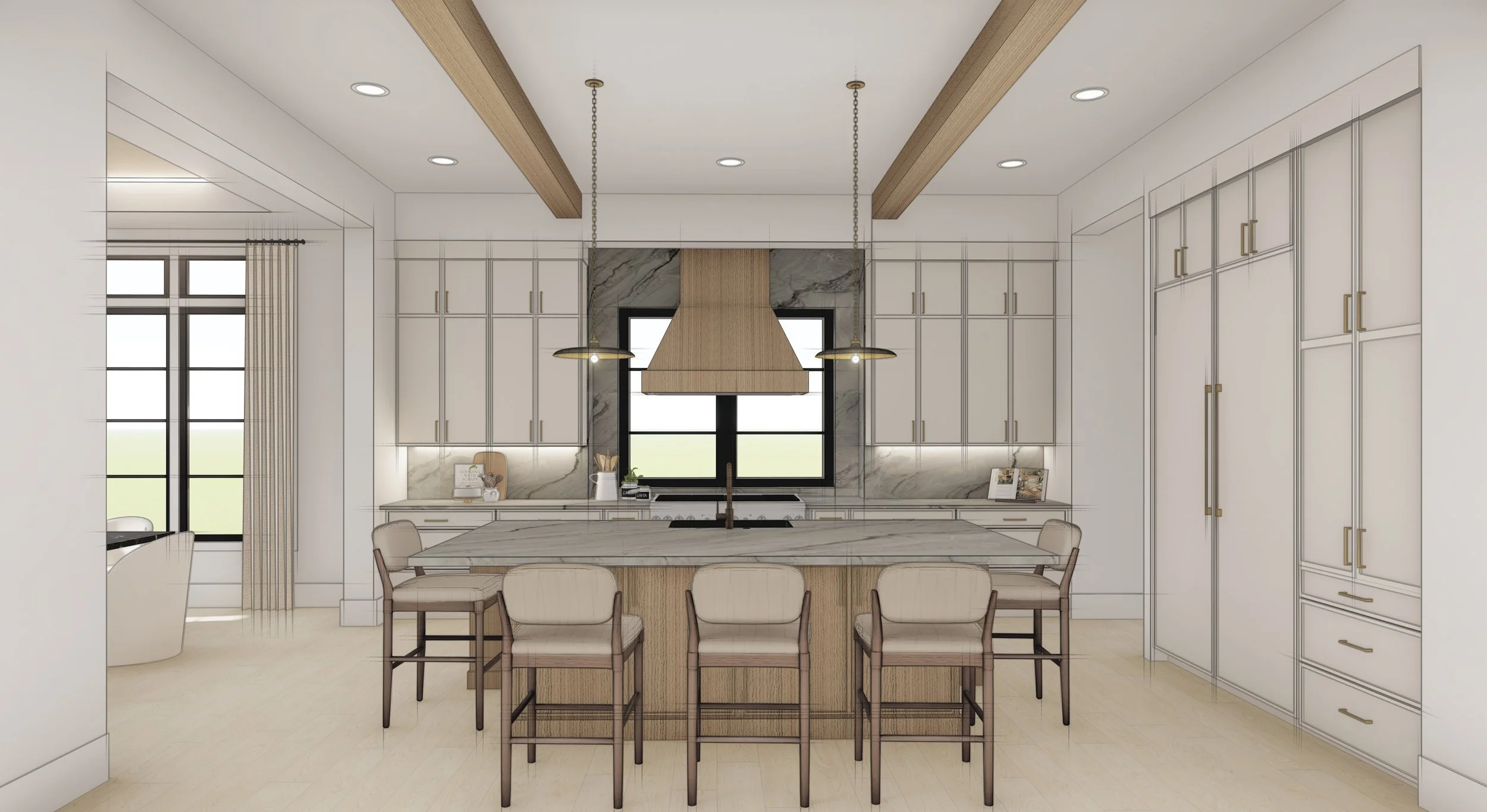 Modern kitchen with an island, beige chairs, white cabinetry, marble backsplash, and black-framed windows.