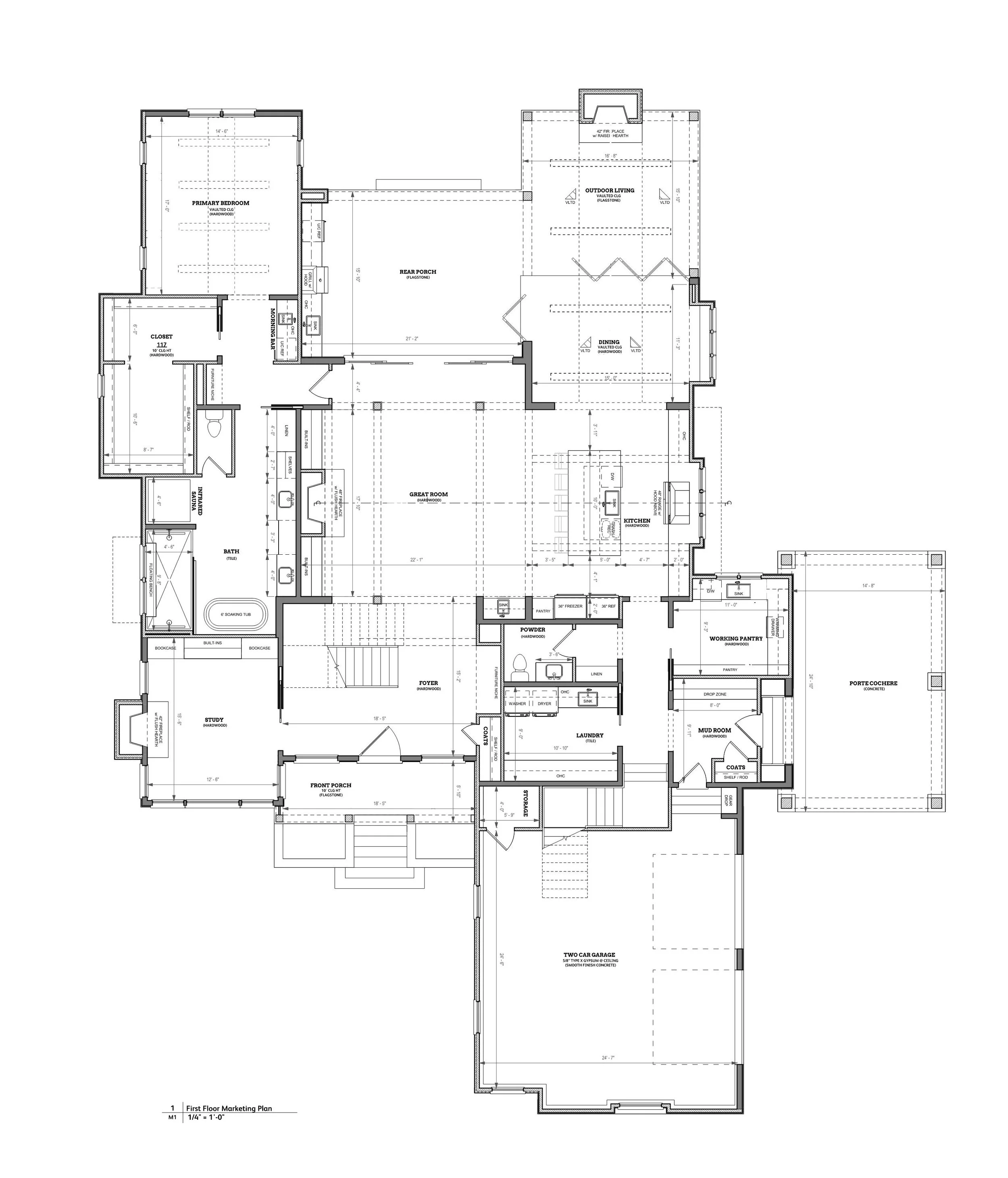 First floor plan of luxury custom home with primary suite, great room, kitchen, outdoor living, and three-car garage.