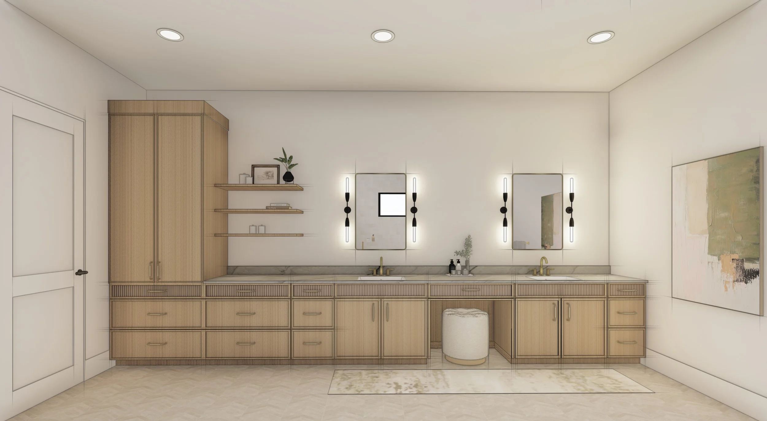 Bathroom with double sinks, wooden cabinetry, wall-mounted mirrors with lights, and decorative shelves with plants and books.