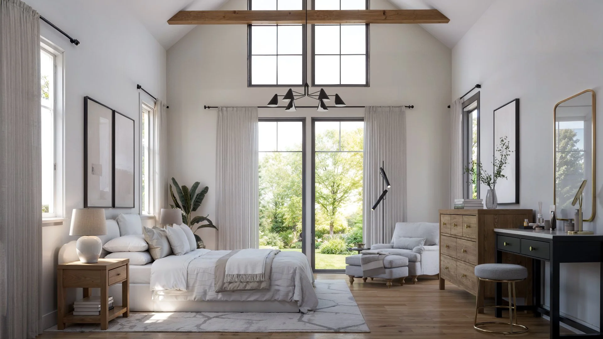 Primary bedroom rendering with vaulted ceiling, large windows, and warm natural materials in a House of Severn residence.