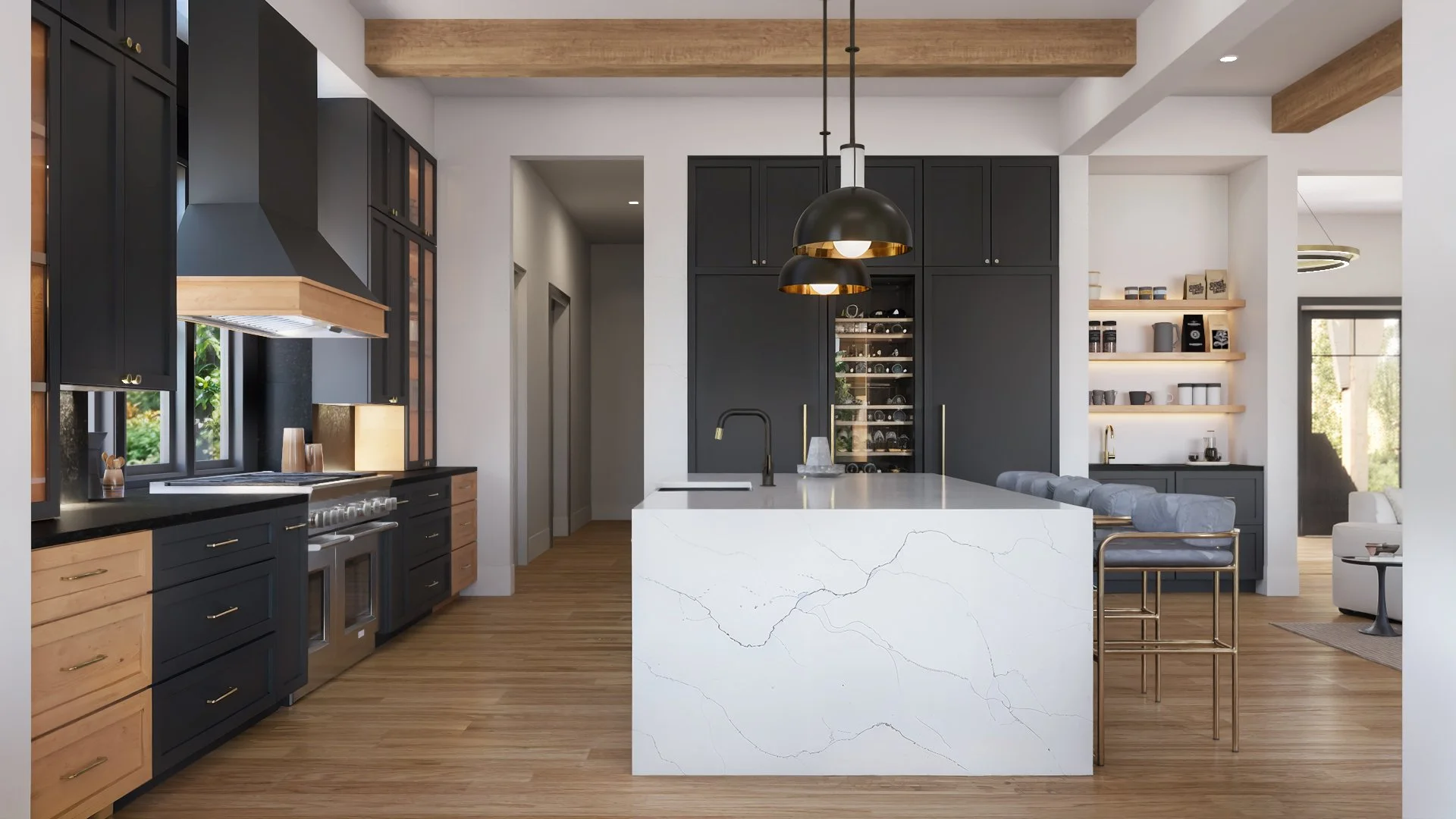 Luxury kitchen rendering with waterfall island, black cabinetry, brass accents, and integrated wine storage in a House of Severn custom home.
