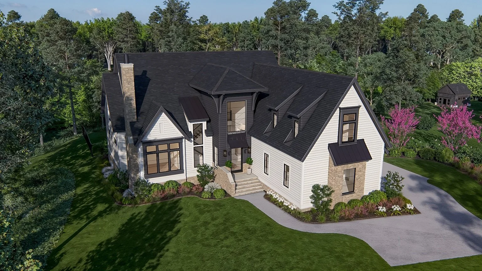 A layered roofline, restrained material palette, and balanced window composition give the home a refined presence that feels both substantial and quietly understated within its natural surroundings.