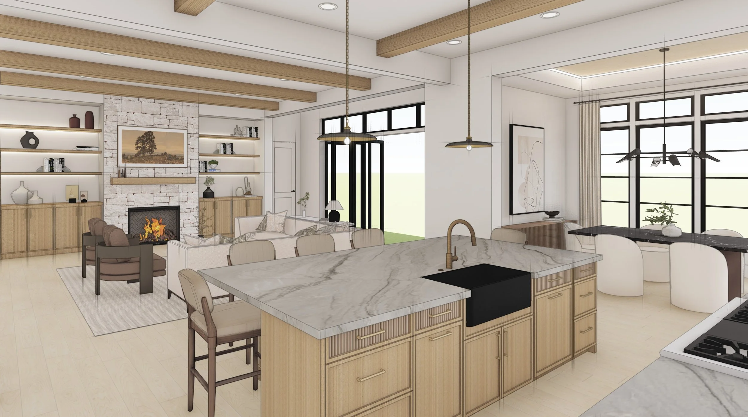 Modern open-concept living room and kitchen with a fireplace, built-in shelves, marble kitchen island, and large windows with black frames.