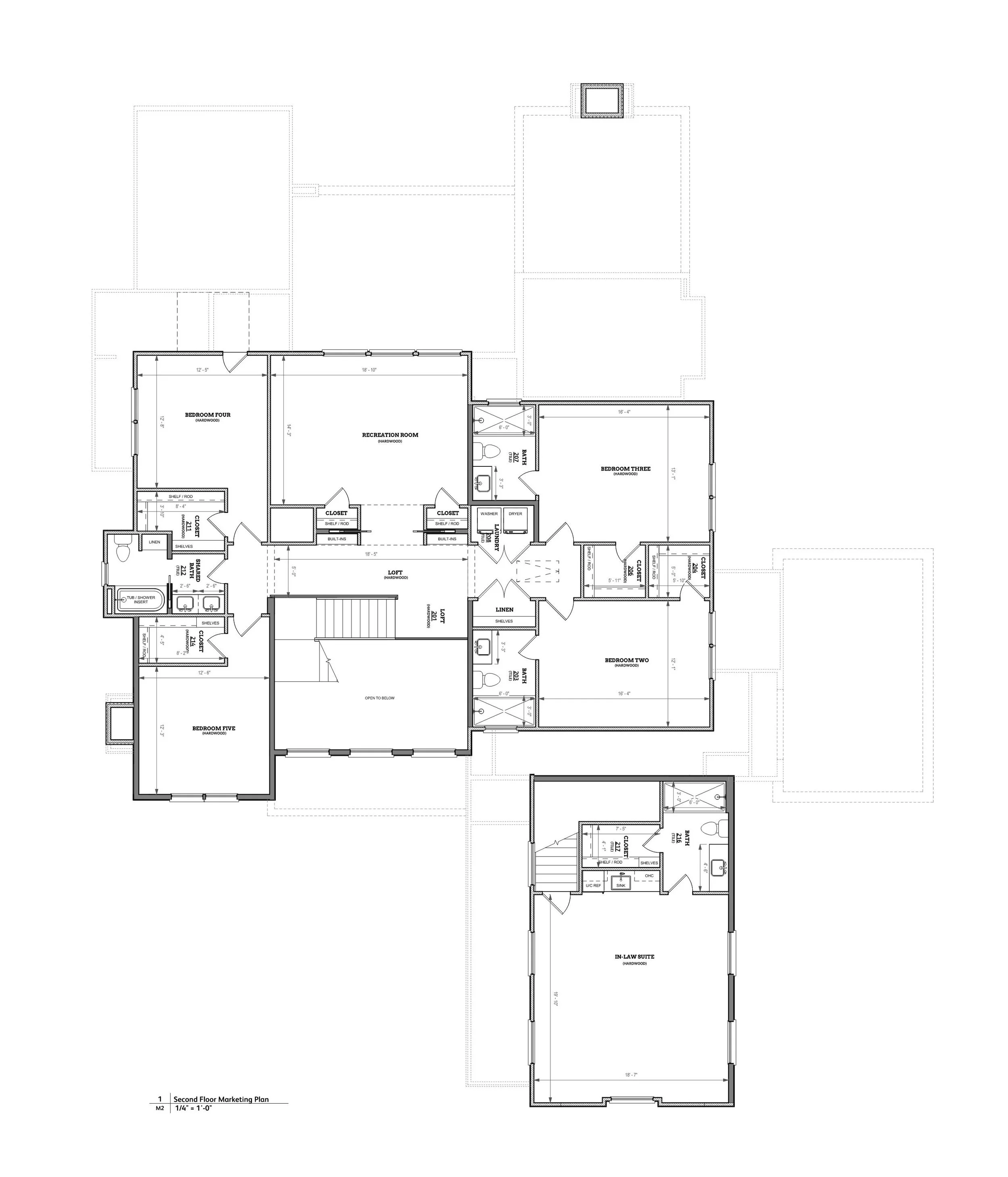 Second floor plan with bedrooms, loft, recreation room, and private in-law suite.
