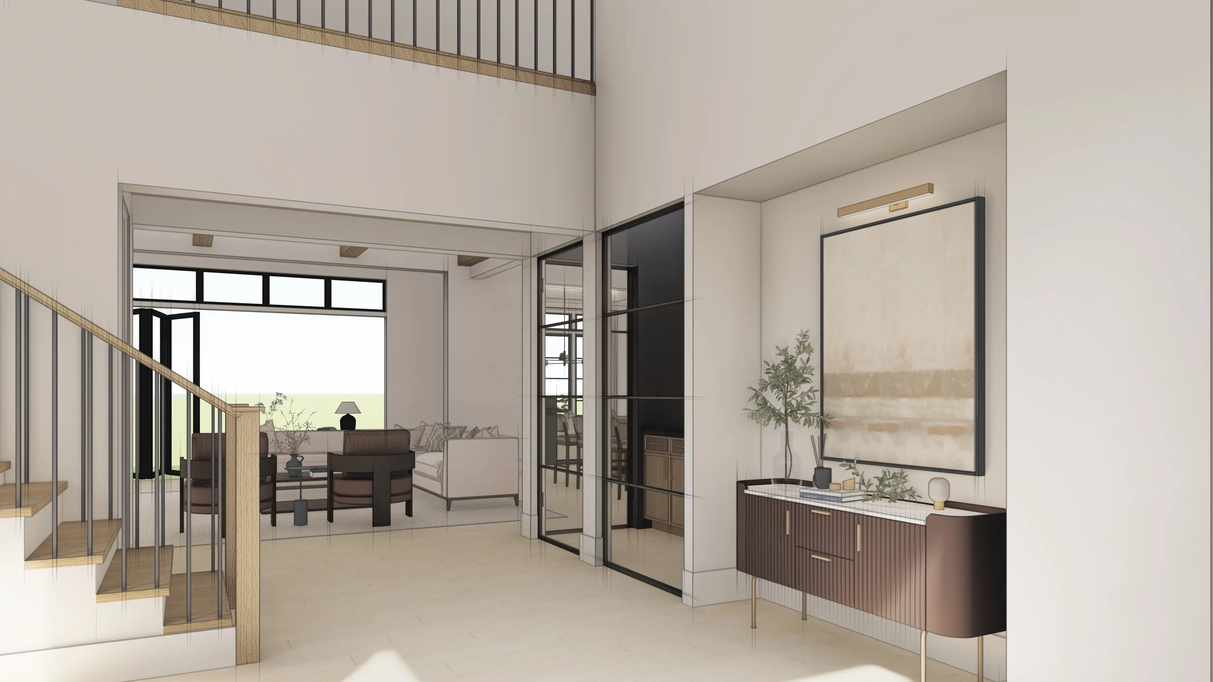 Interior view of a modern living room with a staircase on the left, a large window at the far end, and a sitting area with chairs and a sofa in the background. A hallway with glass doors and a sideboard with decorative items and a plant is visible on