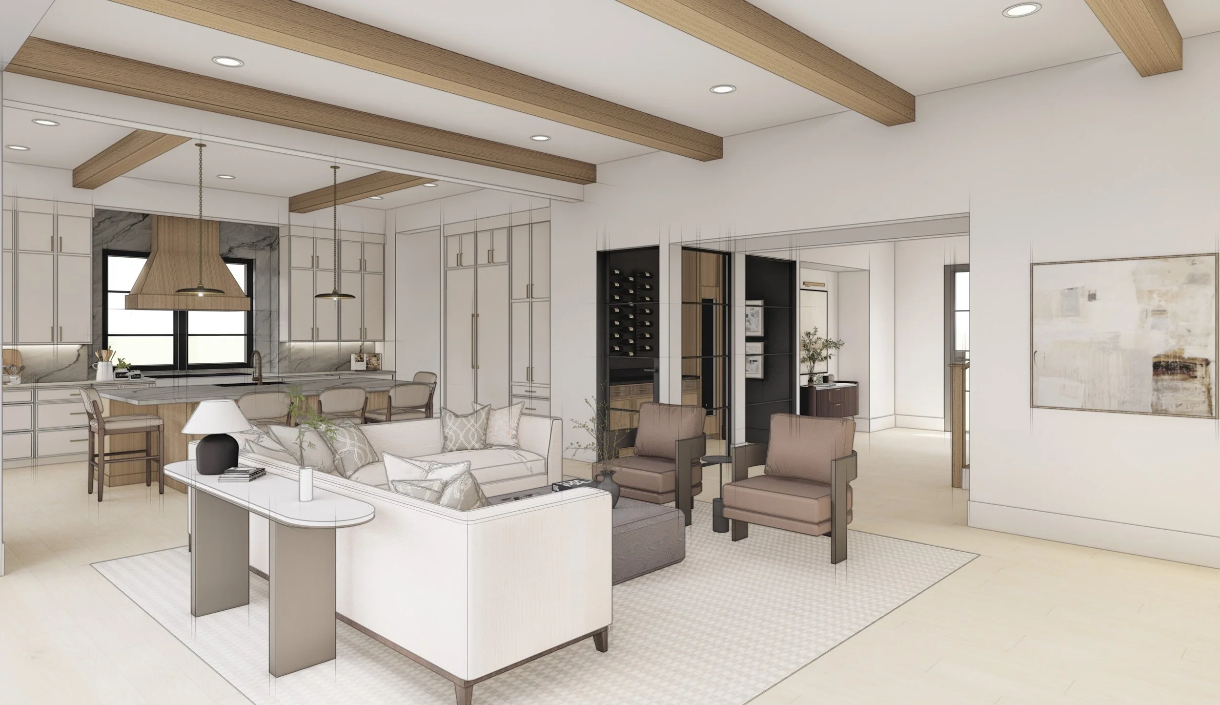 Open-concept living room and kitchen with modern decor, white walls, wood accents, beige furniture, and black accents.