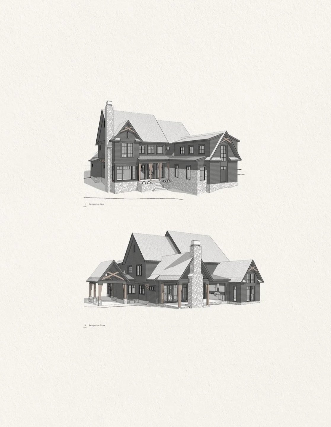 Architectural drawings of a two-story, modern house with large windows, stone accents, and a chimney, shown from two angles.