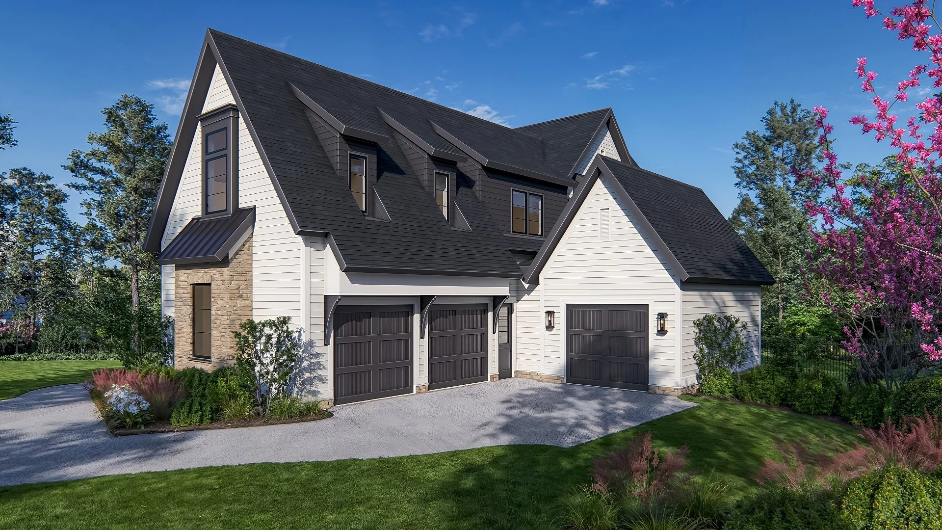 The garage elevation is integrated into the overall massing through consistent roof forms, material transitions, and carefully aligned openings. Dormer windows, stone accents, and restrained detailing help the secondary elevation read as a cohesive e