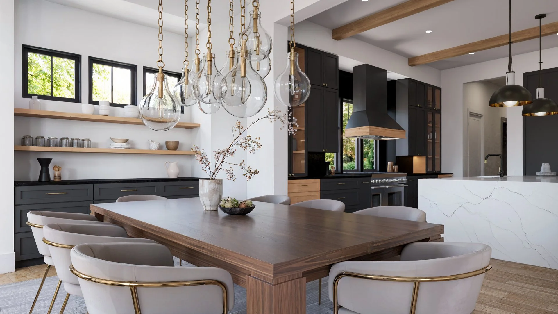 Dining room rendering with large wood dining table, sculptural chandelier, and open shelving adjacent to the kitchen in a House of Severn home.