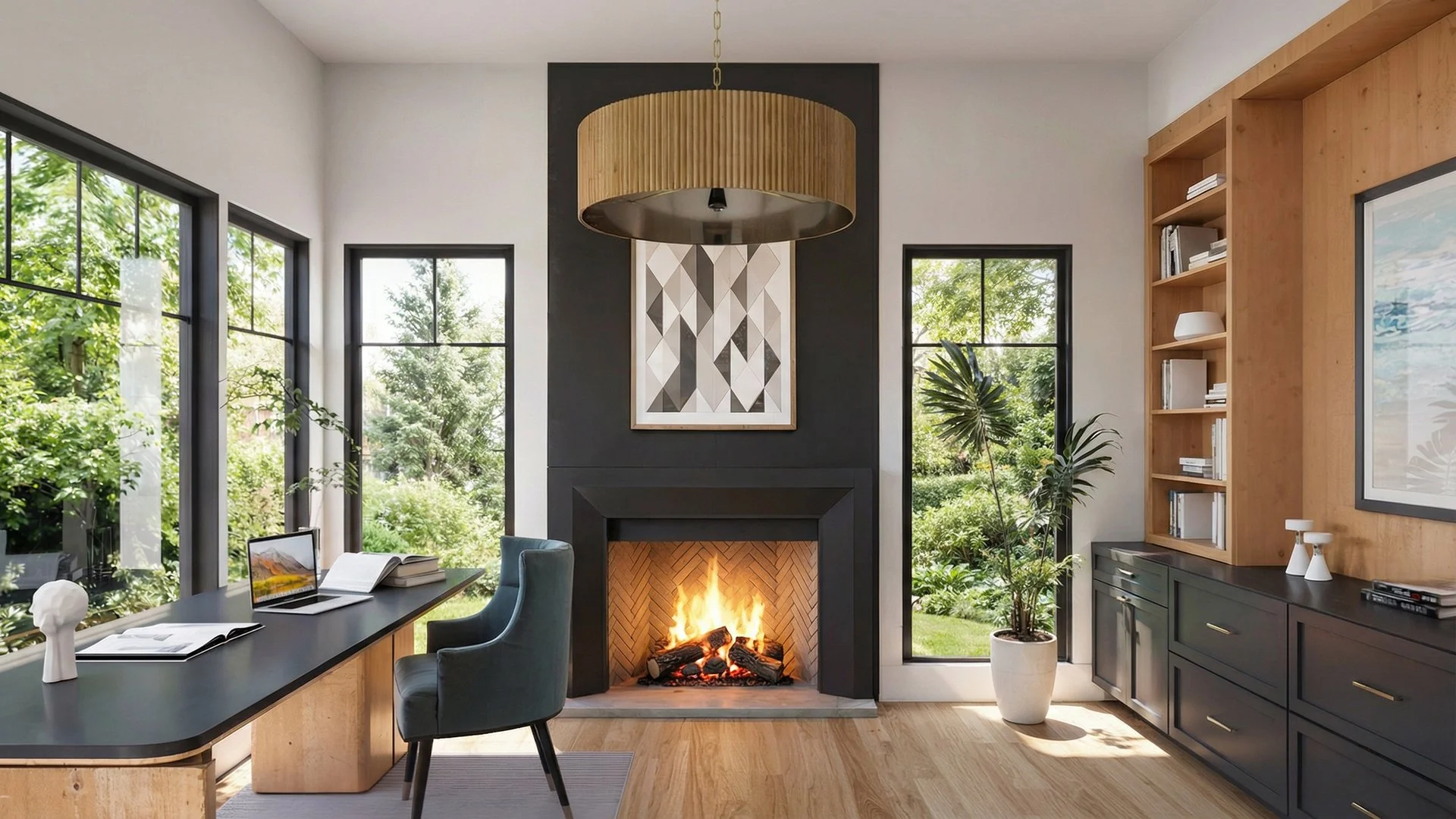 Home office rendering with fireplace, built-in desk, and large windows overlooking the garden in a House of Severn luxury home.