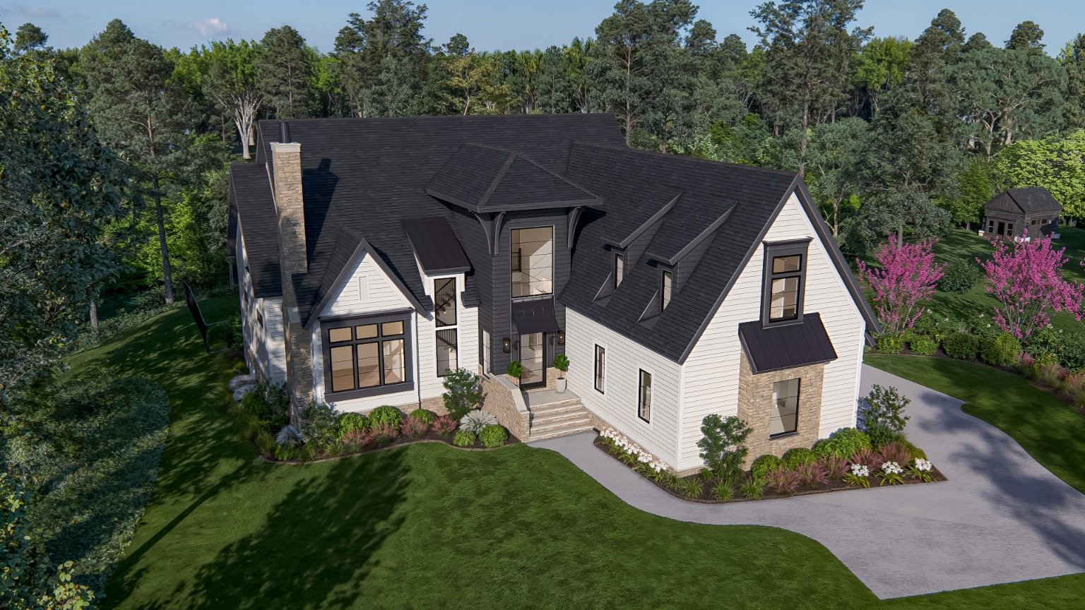 A modern two-story house with black roof, white exterior, stone accents, large windows, surrounded by landscaped yard and trees.