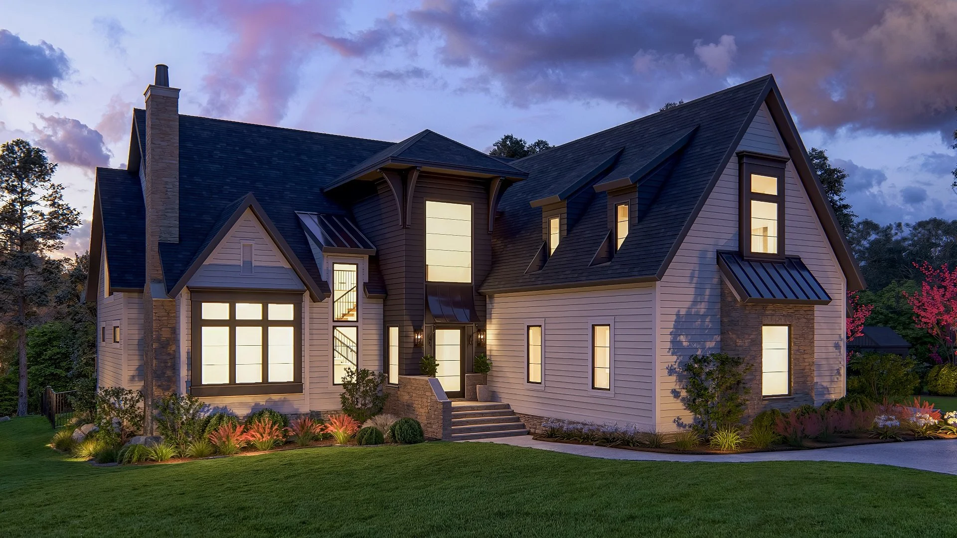 Evening light highlights the home’s layered roof forms, vertical entry volume, and carefully balanced window proportions. Warm interior illumination contrasts with the restrained exterior palette, reinforcing the home’s sense of depth, scale, and qui