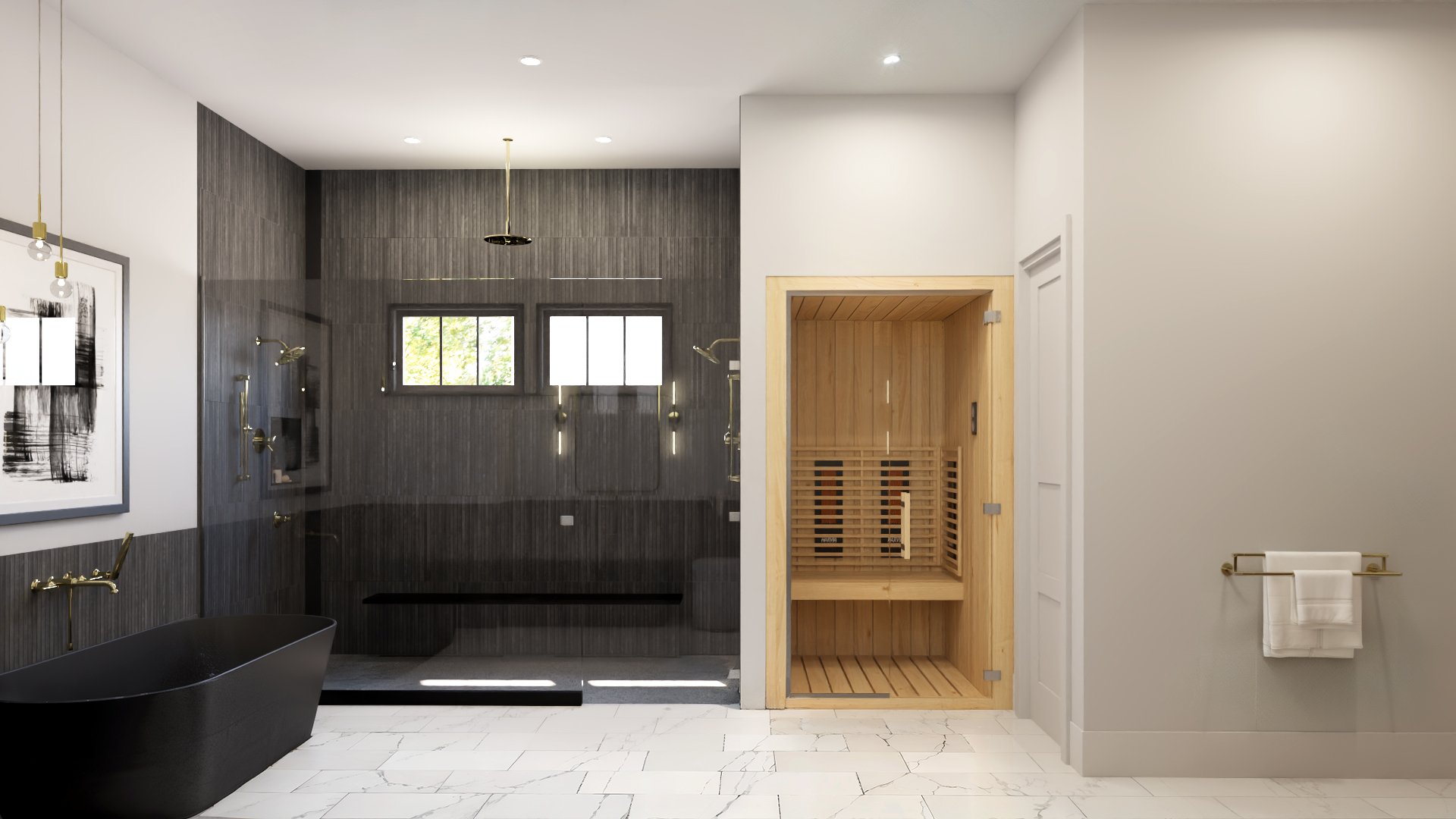 Primary bathroom rendering with freestanding tub, large walk-in shower, and integrated sauna in a House of Severn custom home.