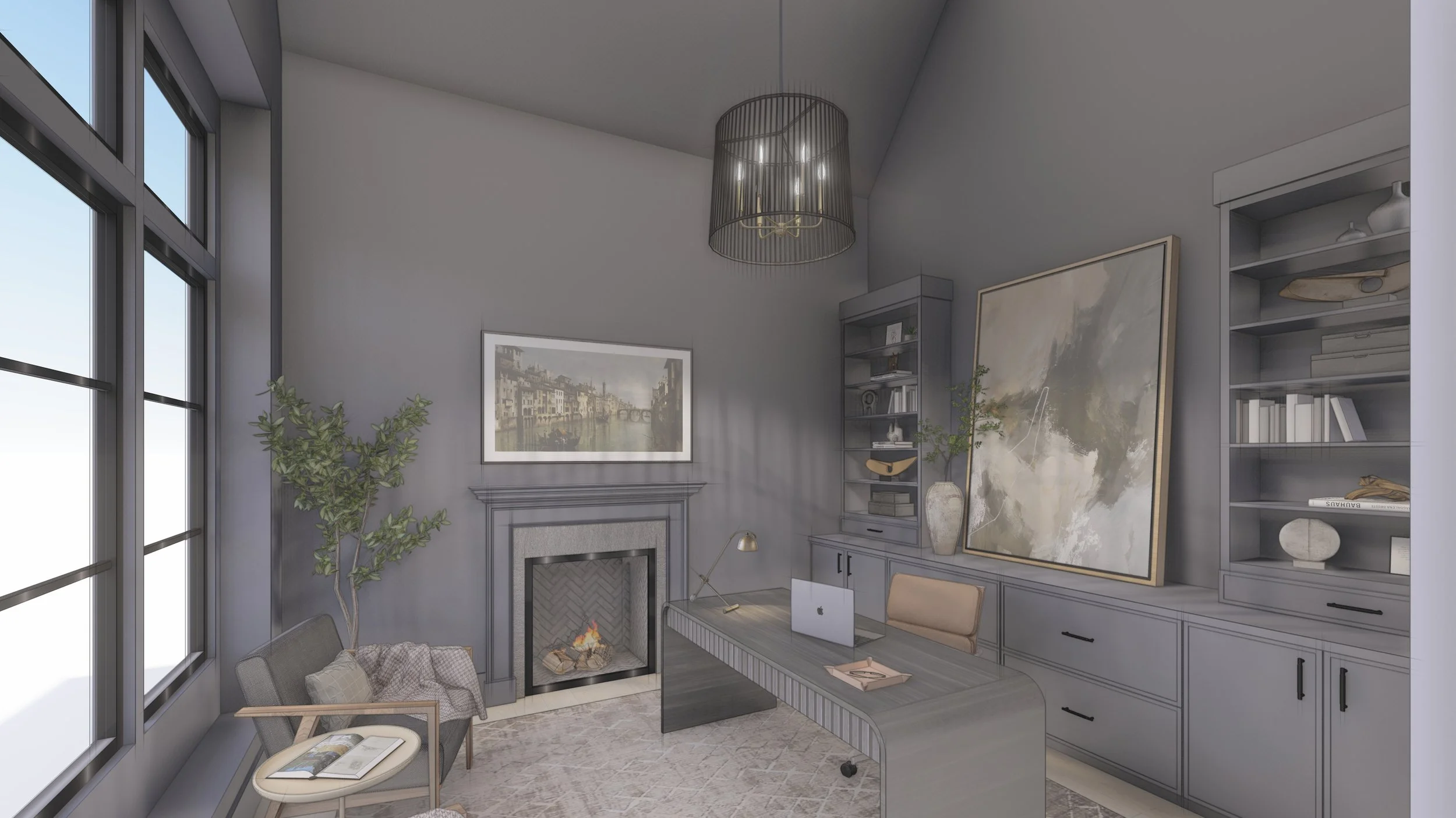 The study is designed as a quiet, functional workspace with built-in cabinetry, integrated shelving, and a fireplace that anchors the room. Tall windows introduce natural light while a restrained palette and layered textures create a focused, comfort