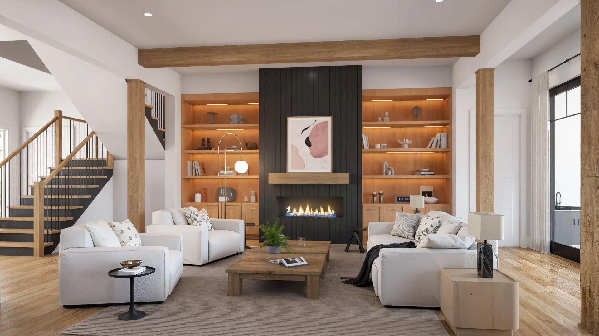 Living room rendering featuring a modern fireplace wall, built-in shelving, and exposed wood beams in a House of Severn luxury home.