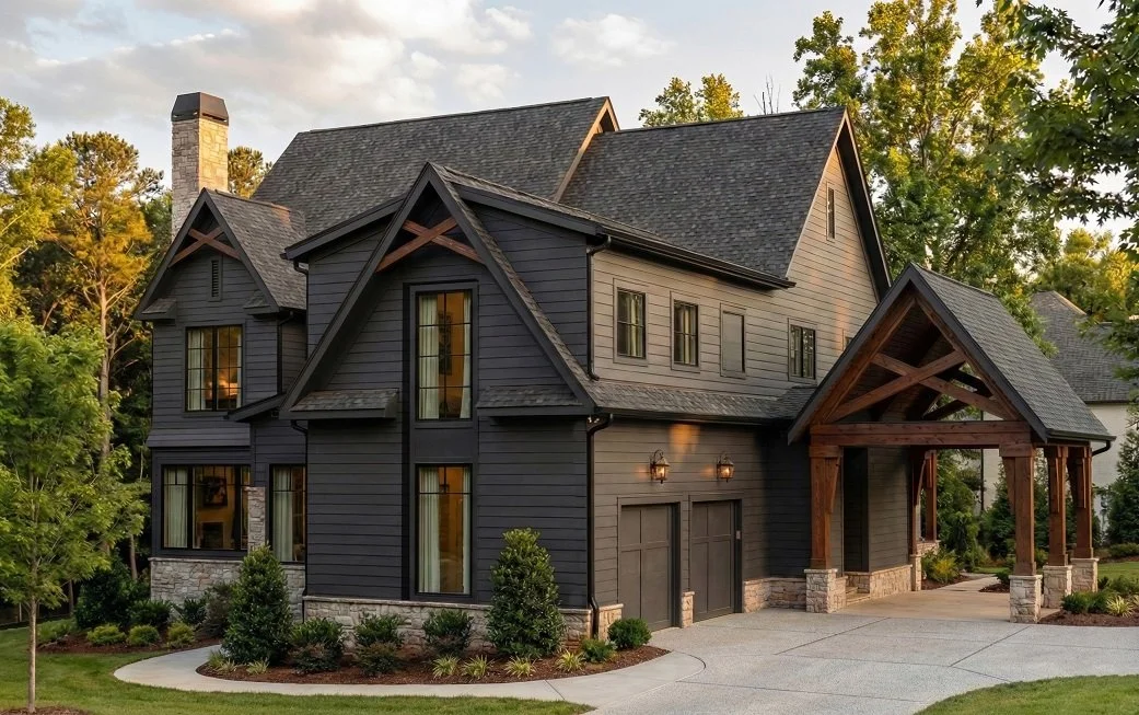 Front elevation rendering of a House of Severn custom home at 5923 Lansing in Charlotte featuring dark siding, limestone accents, steep gables, and a timber-framed entry porch.