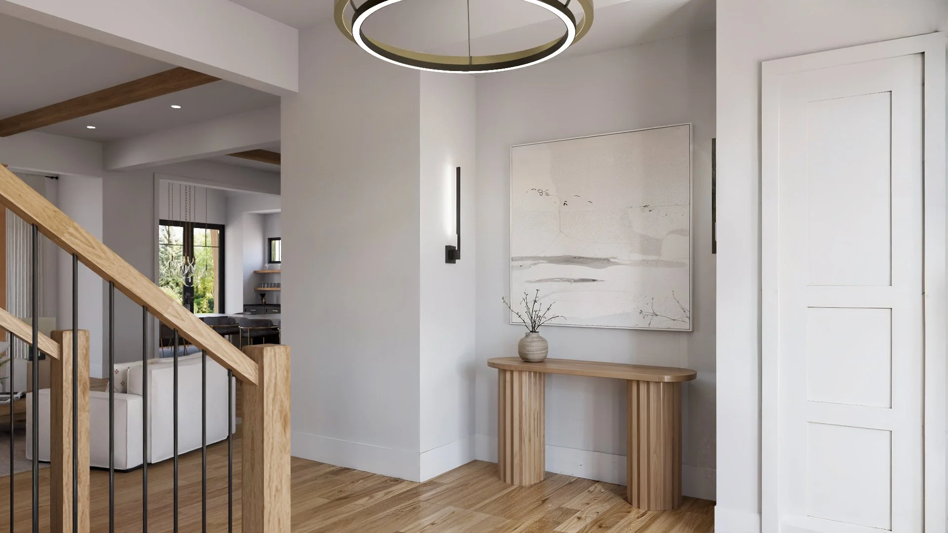 Entry hall rendering with sculptural console table, modern lighting, and staircase in a House of Severn custom residence.