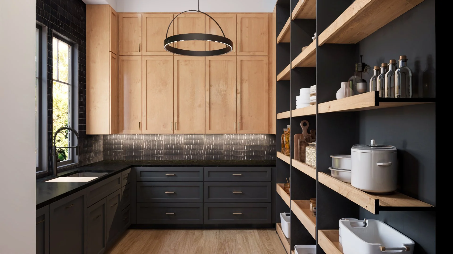 Scullery kitchen rendering with custom cabinetry, open shelving, and integrated storage in a House of Severn luxury home.