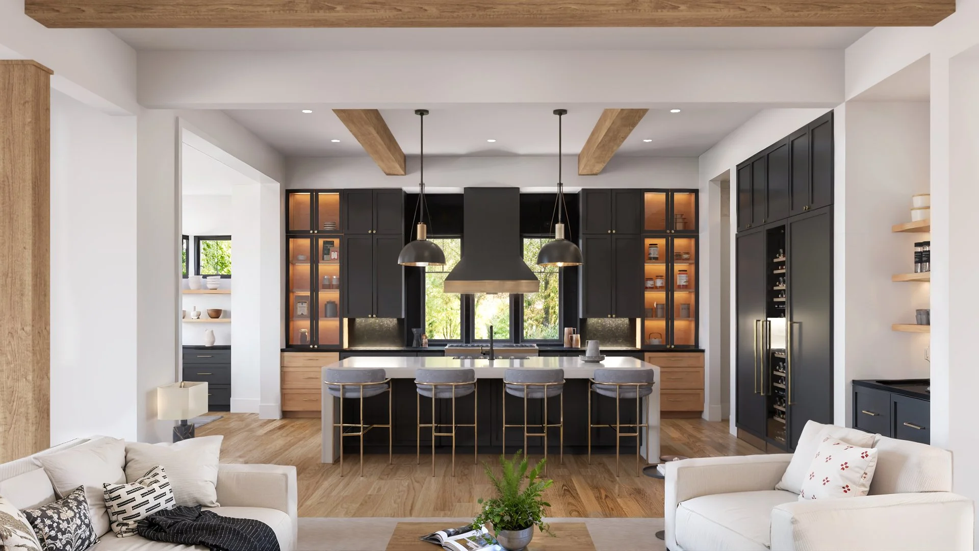 Open-concept kitchen and living room rendering in a House of Severn residence featuring a large island, black cabinetry, white oak beams, and custom range hood.