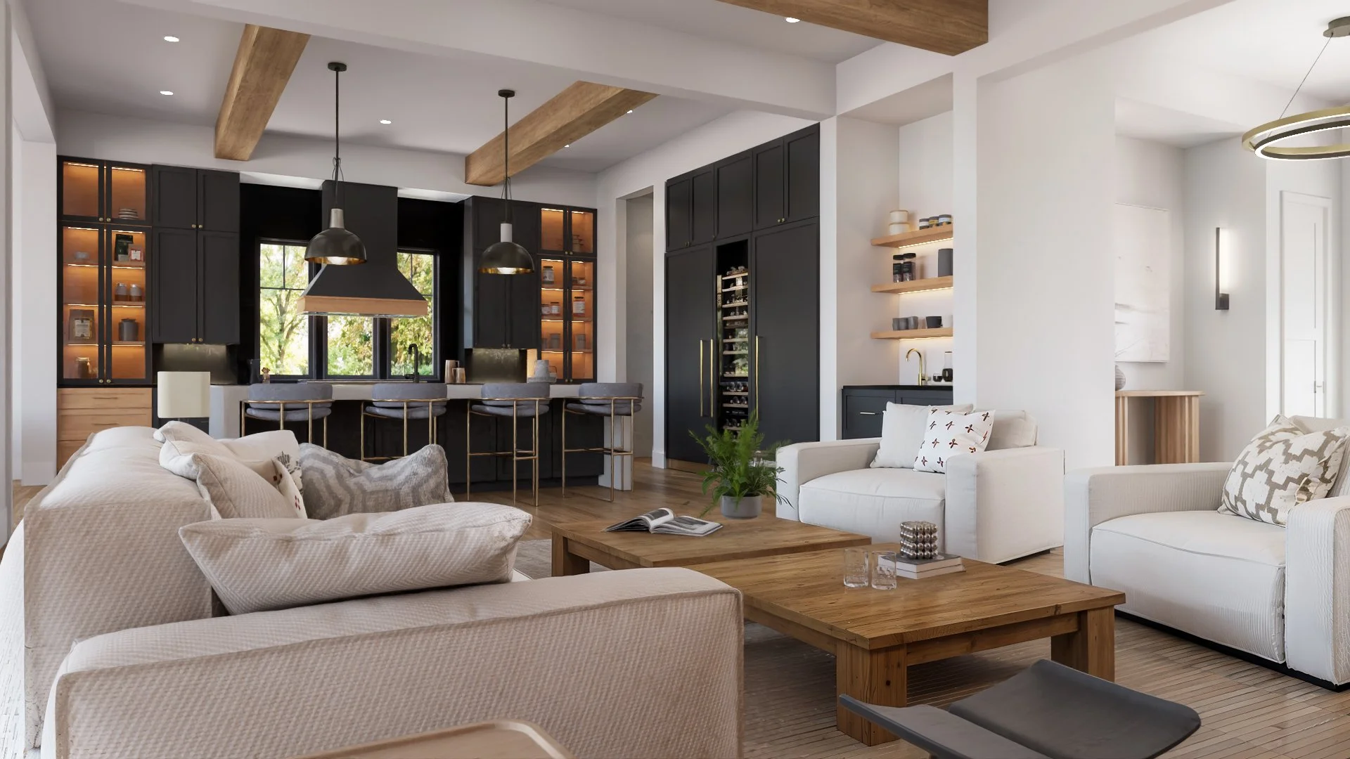 Open living room and kitchen rendering highlighting warm wood floors, vaulted beams, and custom cabinetry in a House of Severn residence.